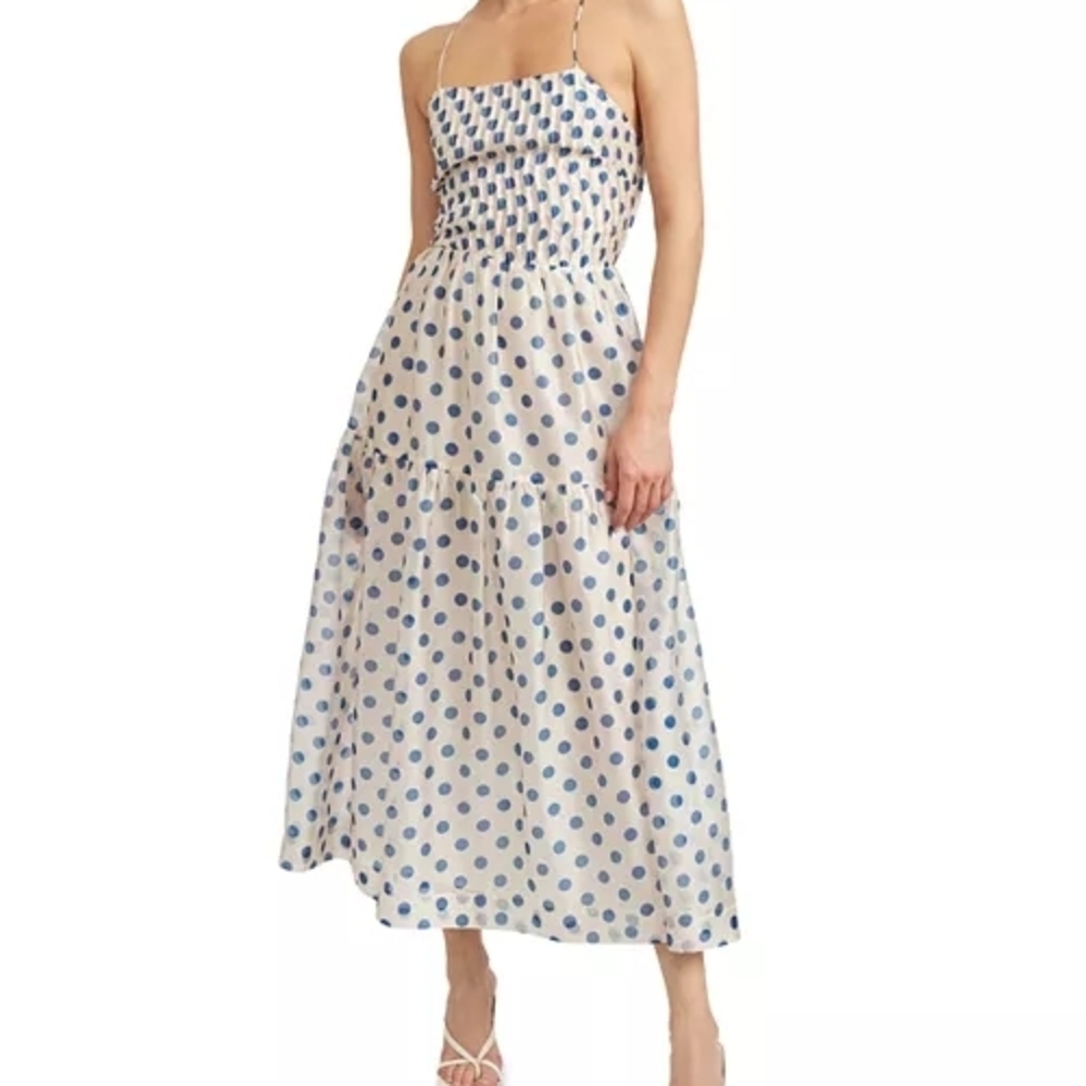 En Saison White and Blue Polka Dot Maxi Dress